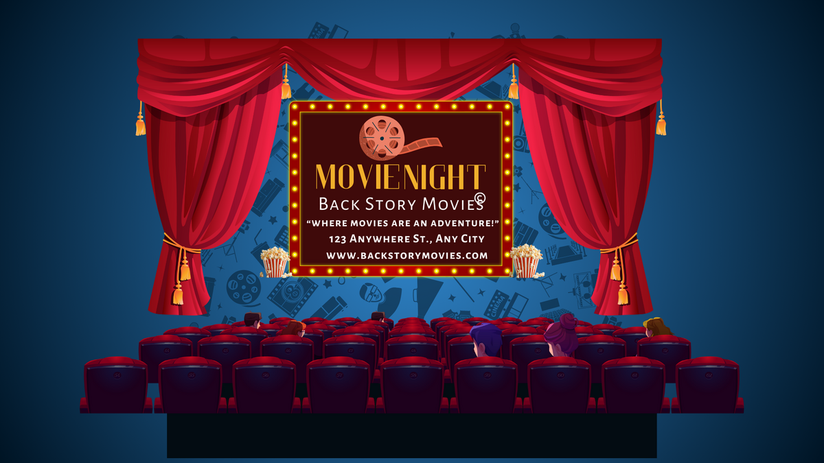 “Cinematic theater scene with a glowing marquee displaying BackStoryMovies® and the tagline ‘Where Movies Are an Adventure,’ surrounded by red curtains, popcorn, and audience silhouettes.”