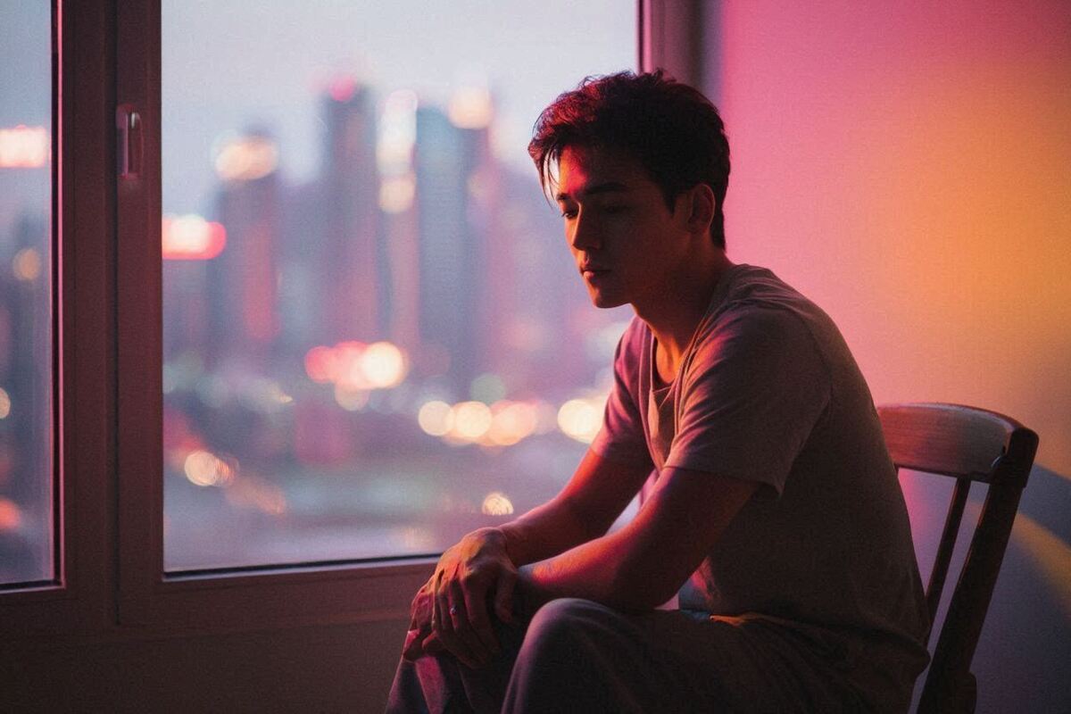 A man sits alone in warm neon light, gazing out at a blurred futuristic city.