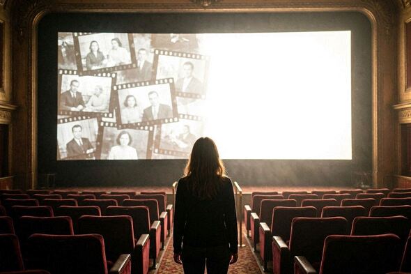 A silhouette stands before a glowing movie screen dissolving from old film scenes into white light, symbolizing creative rebirth.