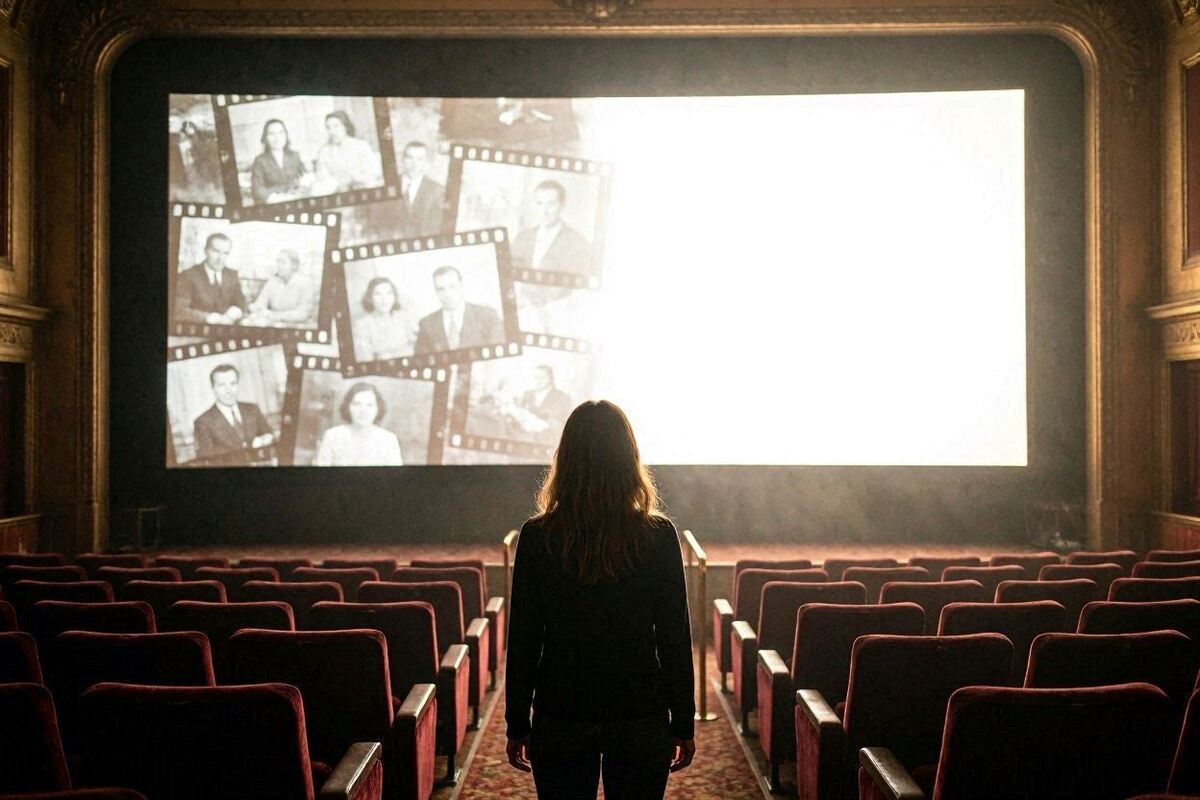 A silhouette stands before a glowing movie screen dissolving from old film scenes into white light, symbolizing creative rebirth.