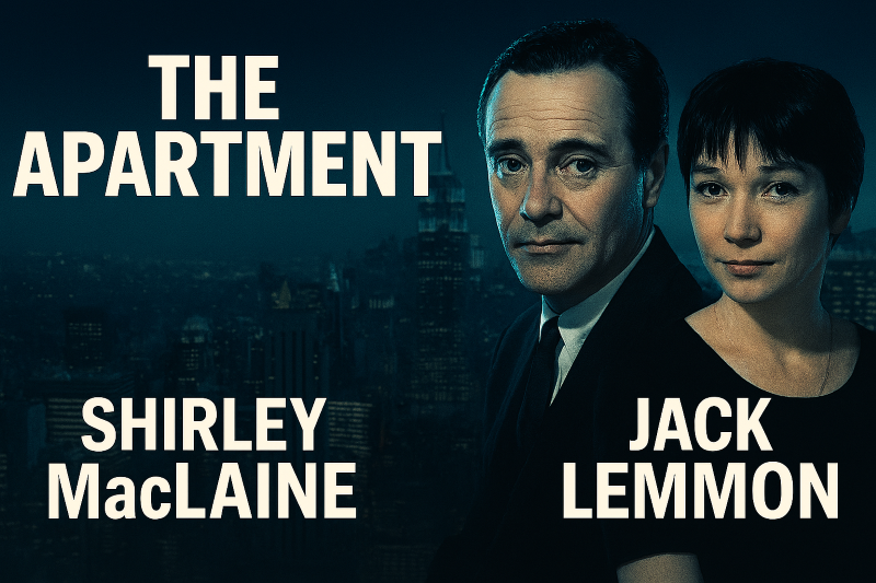 Promotional poster for The Apartment (1960), featuring Shirley MacLaine and Jack Lemmon against a moody cityscape backdrop, evoking themes of emotional isolation and romantic tension.