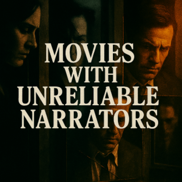 A dark, atmospheric collage of four shadowed faces layered with reflections, conveying mystery and psychological tension beneath the title “Movies with Unreliable Narrators.”