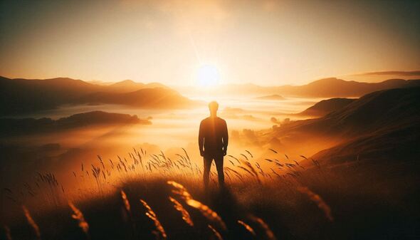 “Silhouette of a person standing on a grassy hill at sunrise, facing a glowing horizon over misty rolling hills, symbolizing renewal, clarity, and self‑belief.”