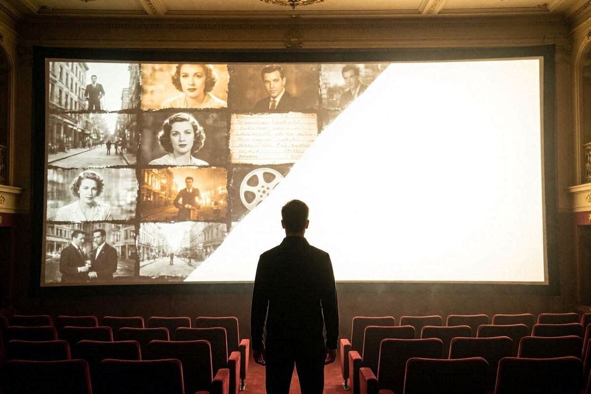 A silhouette stands before a glowing movie screen that shifts from old scenes to pure light, symbolizing creative rebirth.