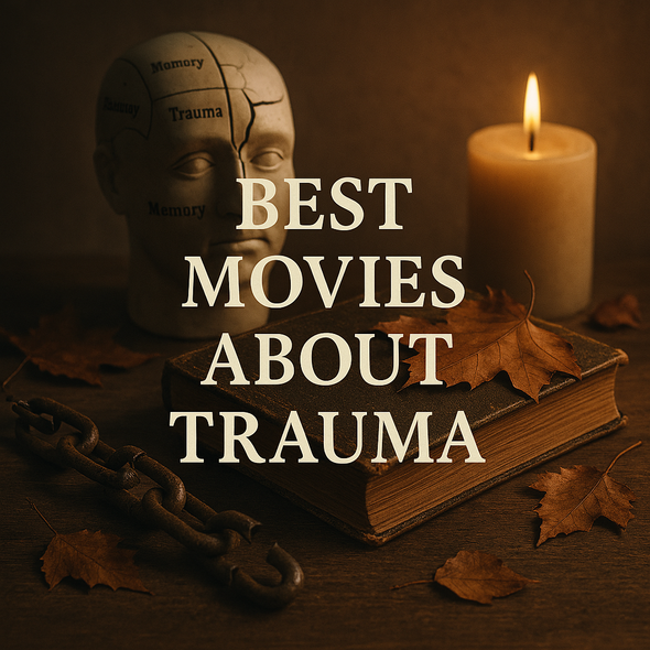 A symbolic still life featuring a cracked film reel, scattered memory fragments, and soft light breaking through darkness, evoking emotional depth and cinematic reflection on trauma and healing.