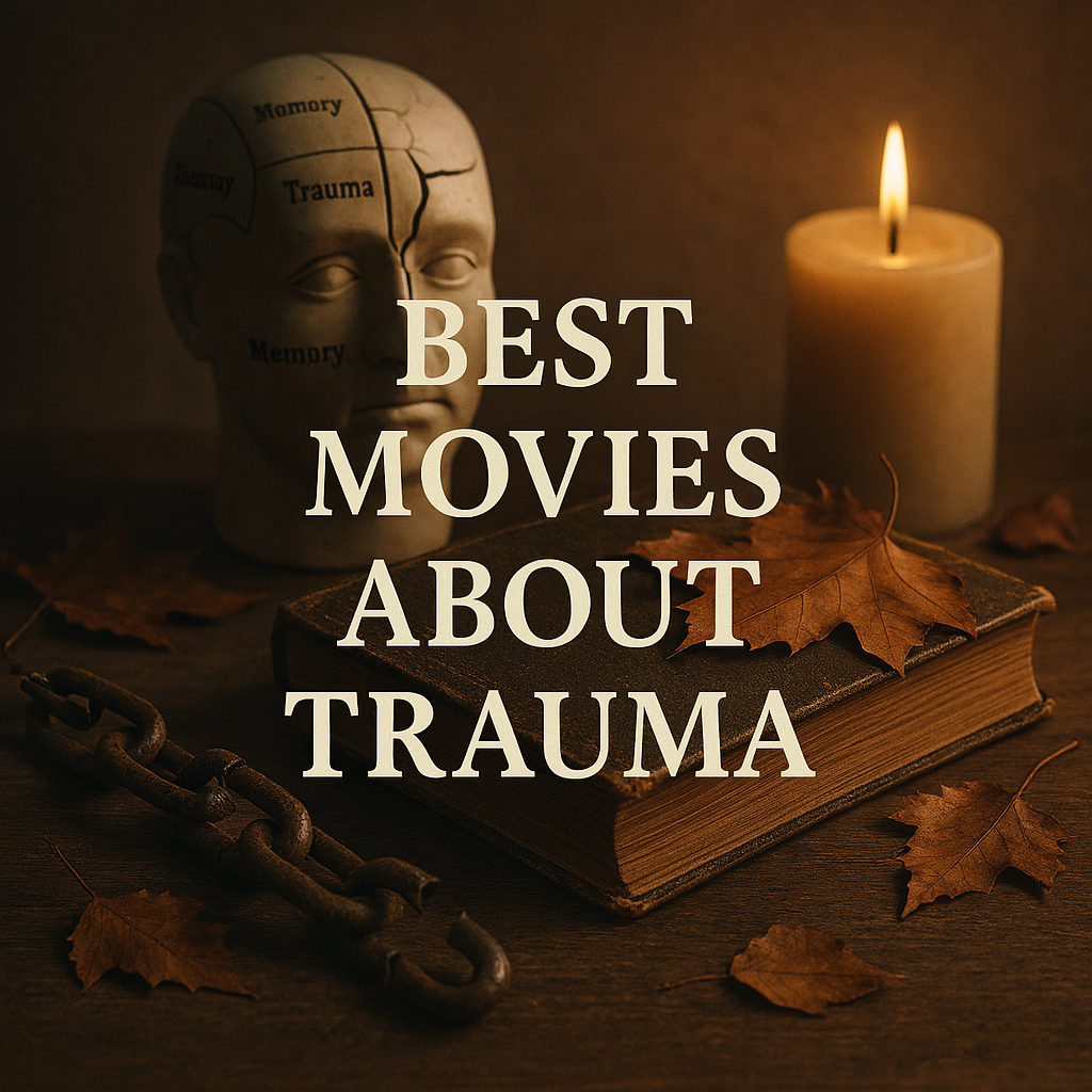 A symbolic still life featuring a cracked film reel, scattered memory fragments, and soft light breaking through darkness, evoking emotional depth and cinematic reflection on trauma and healing.