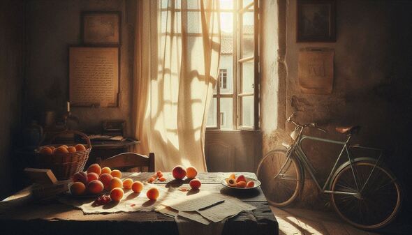 A sunlit rustic room with soft golden light streaming through a window, illuminating a wooden table scattered with peaches, apricots, handwritten papers, and a wicker basket, with a vintage bicycle leaning against a textured wall in the background.