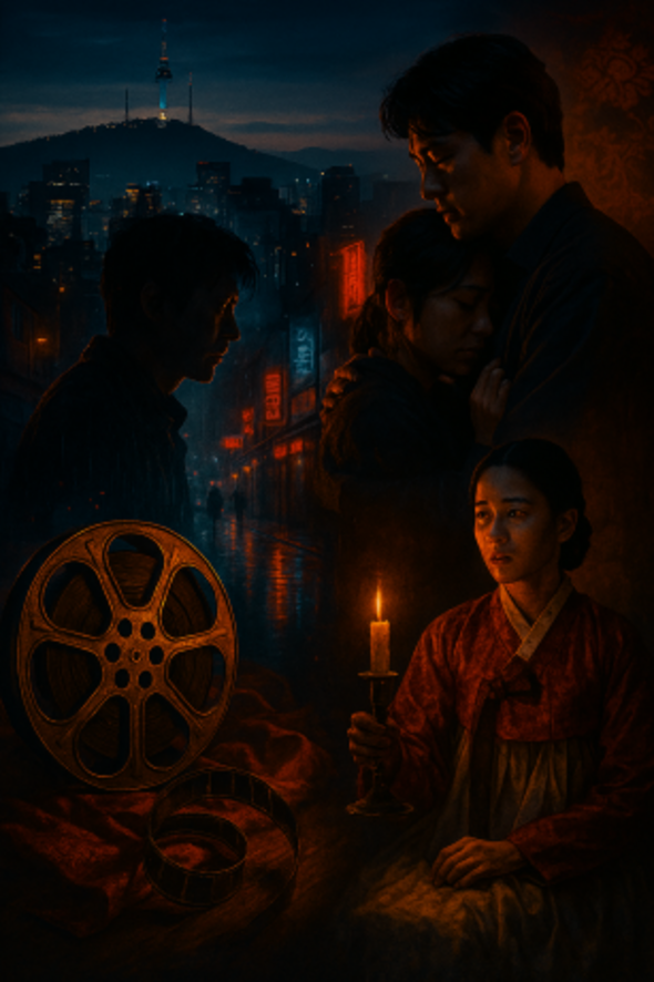 Collage of Korean cinema motifs: Seoul skyline at dusk, neon-lit rainy streets, emotional character silhouettes, a couple embracing, a woman in hanbok holding a candle, and a vintage film reel on red silk — all rendered in deep blues, warm ambers, and soft reds to evoke genre diversity and emotional depth.
