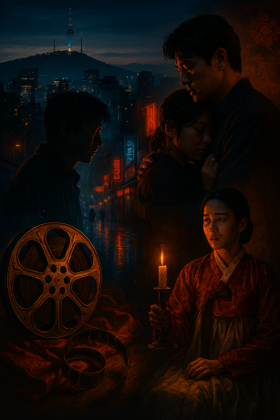 Collage of Korean cinema motifs: Seoul skyline at dusk, neon-lit rainy streets, emotional character silhouettes, a couple embracing, a woman in hanbok holding a candle, and a vintage film reel on red silk — all rendered in deep blues, warm ambers, and soft reds to evoke genre diversity and emotional depth.