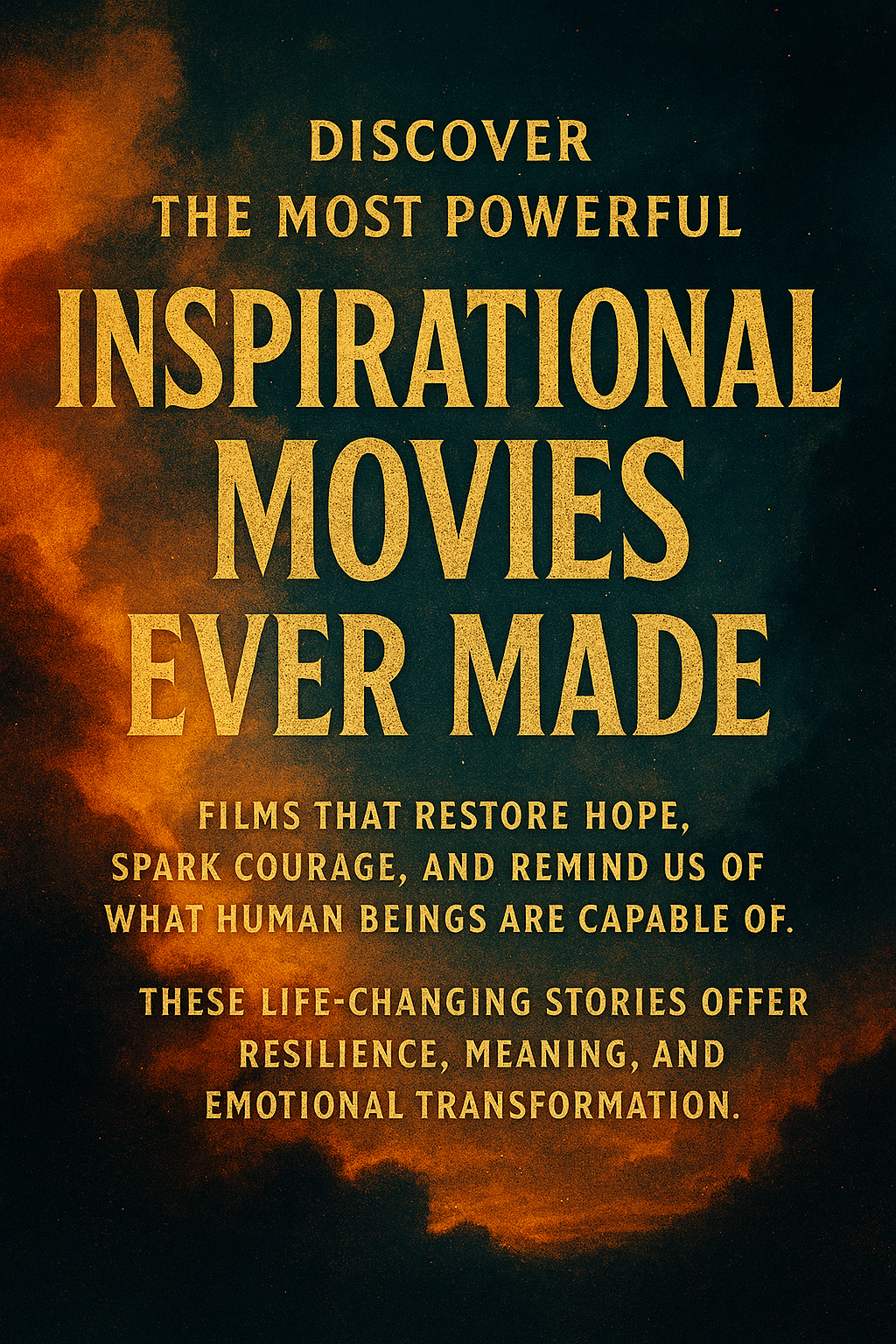 Typography art featuring the phrase “Inspirational Movies Ever Made” in bold golden serif letters against a dramatic sunset-toned sky. The background blends deep oranges, reds, and blues with soft particles, evoking emotional transformation and cinematic grandeur. Supporting text highlight's themes of hope, courage, and human resilience.