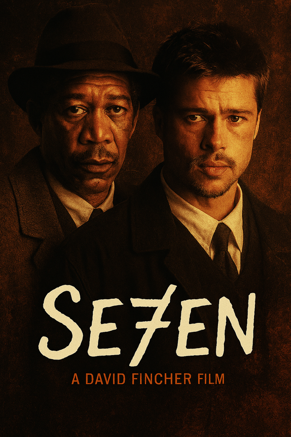 Dark, rain‑soaked city skyline representing the bleak, oppressive atmosphere of Se7en (1995), with heavy shadows and muted tones that evoke moral decay and emotional isolation.