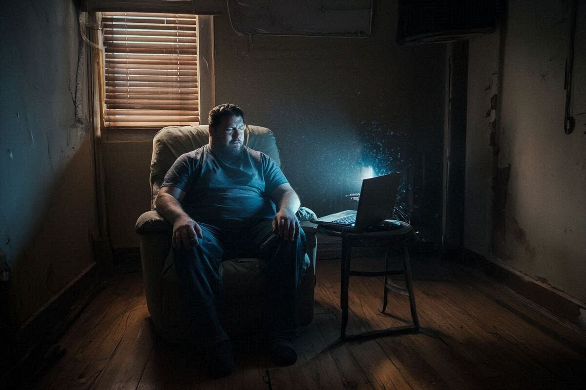 A man sits in a dim apartment lit only by a laptop screen, symbolizing isolation and emotional weight.
