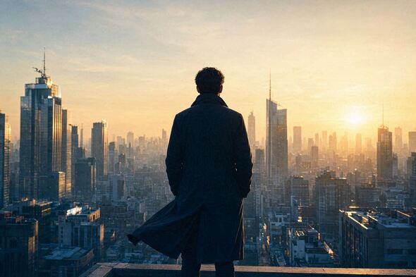 Silhouette of a person standing before a glowing sunrise cityscape, symbolizing transformation, clarity, and stepping into a new chapter.