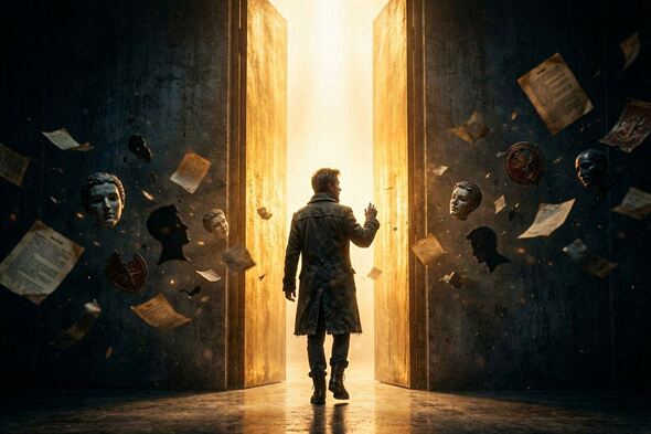 A silhouetted figure steps toward a glowing doorway of golden light as fragments of old identities drift away behind them, symbolizing creative sovereignty and self‑reclamation.